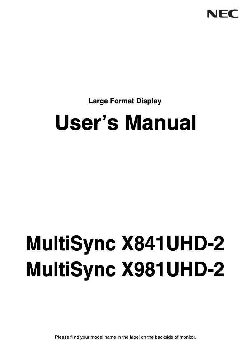 First page image of the manual for MultiSync X981UHD-AVT2