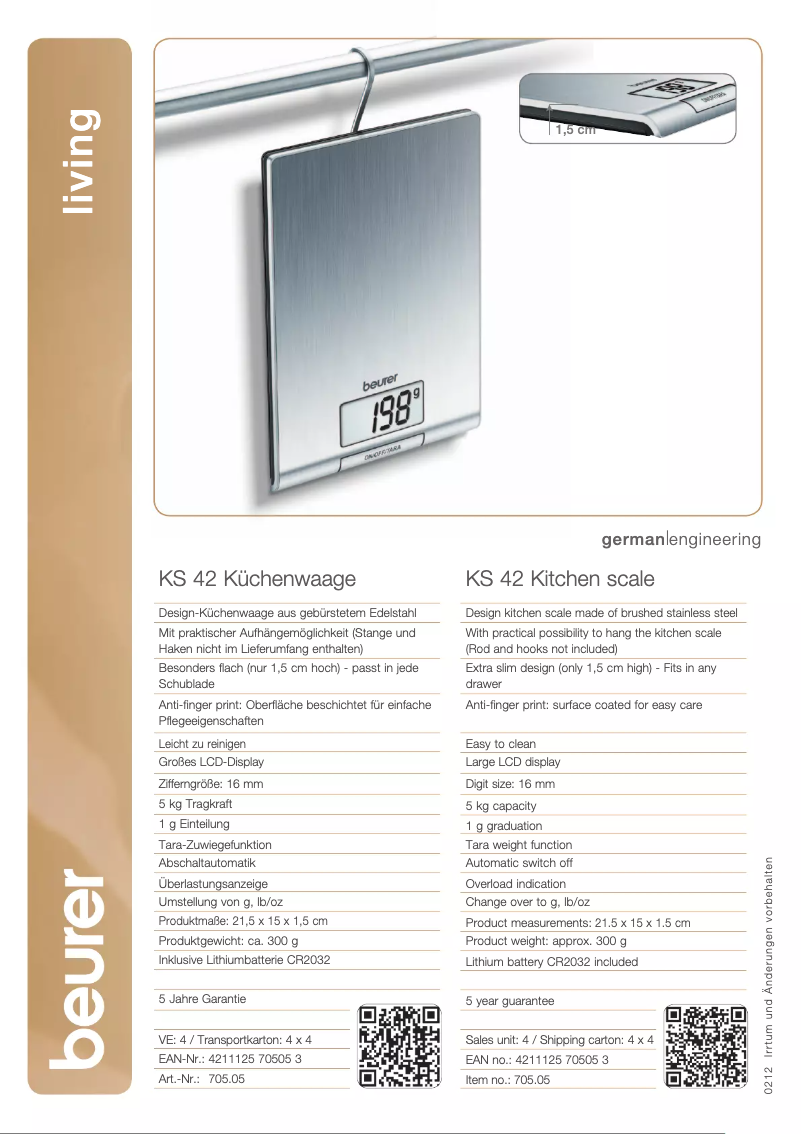 Page 1 of the manual Technical Sheet Beurer KS 42