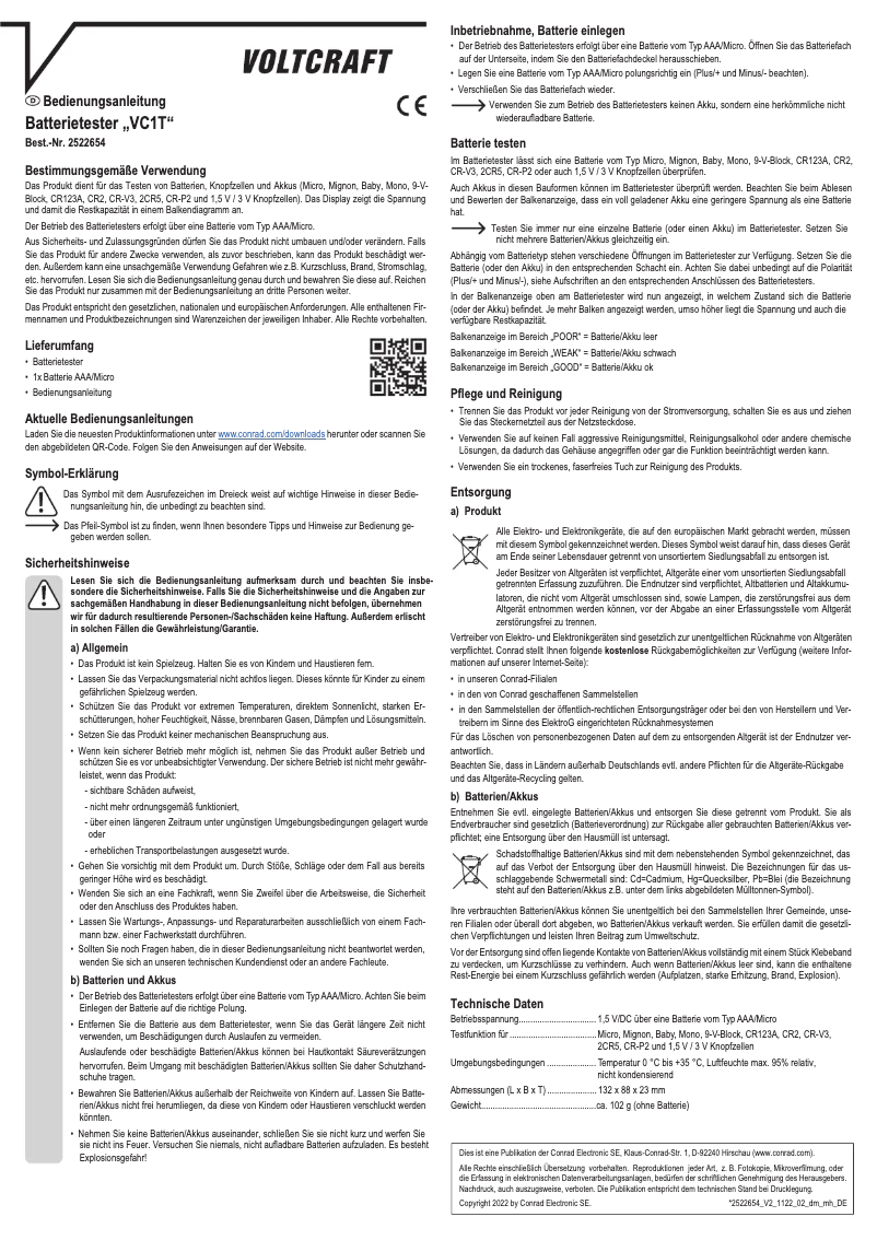 Page 1 of the manual User Manual Voltcraft VC1T