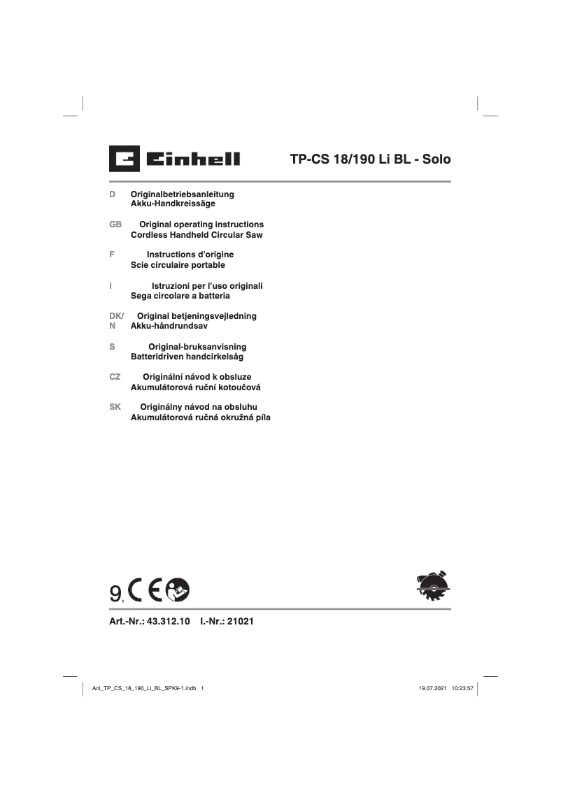 Page 1 of the manual User Manual Einhell TE-CS 18/190 Li BL