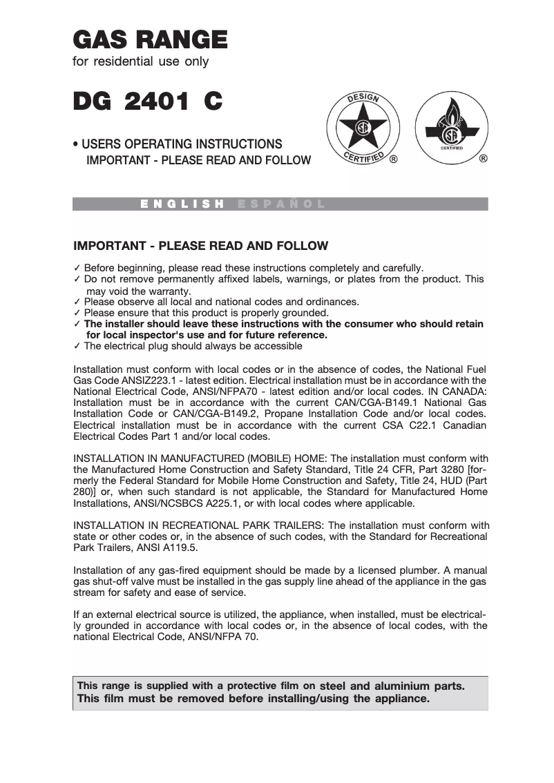 Page 1 of the manual User Manual Avanti DG 2401 C