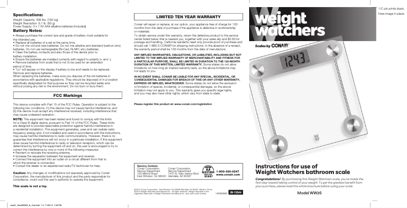 Image de la première page du manuel de l'appareil Weight Watchers WW26X