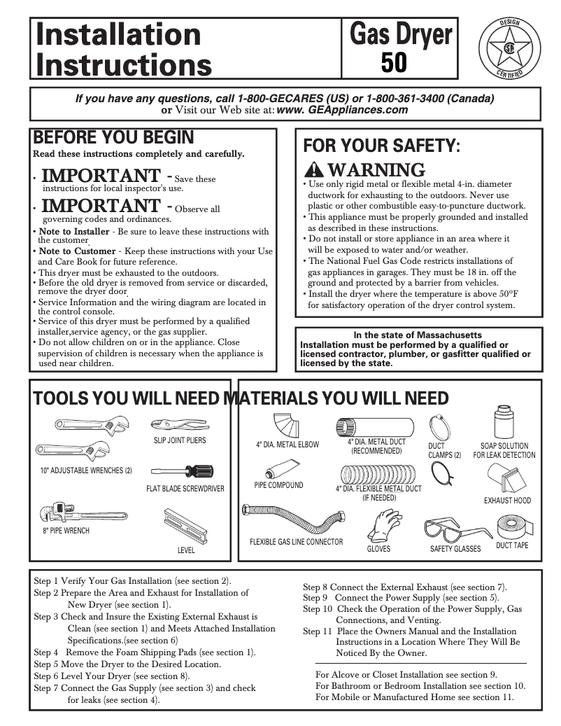 Page 1 of the manual Installation Guide GE DLSR483CC