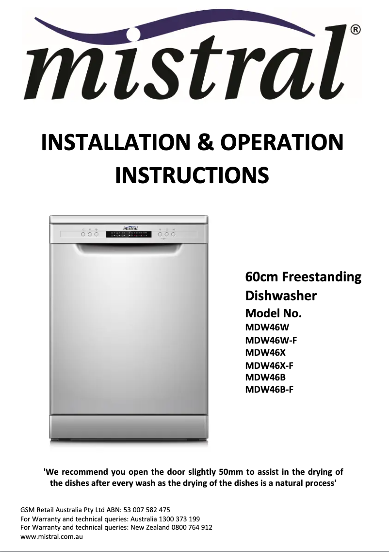 First page image of the manual for MDW46X