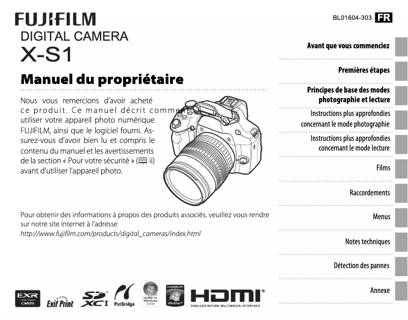 Page 1 de la notice Manuel utilisateur Fujifilm FinePix X-S1
