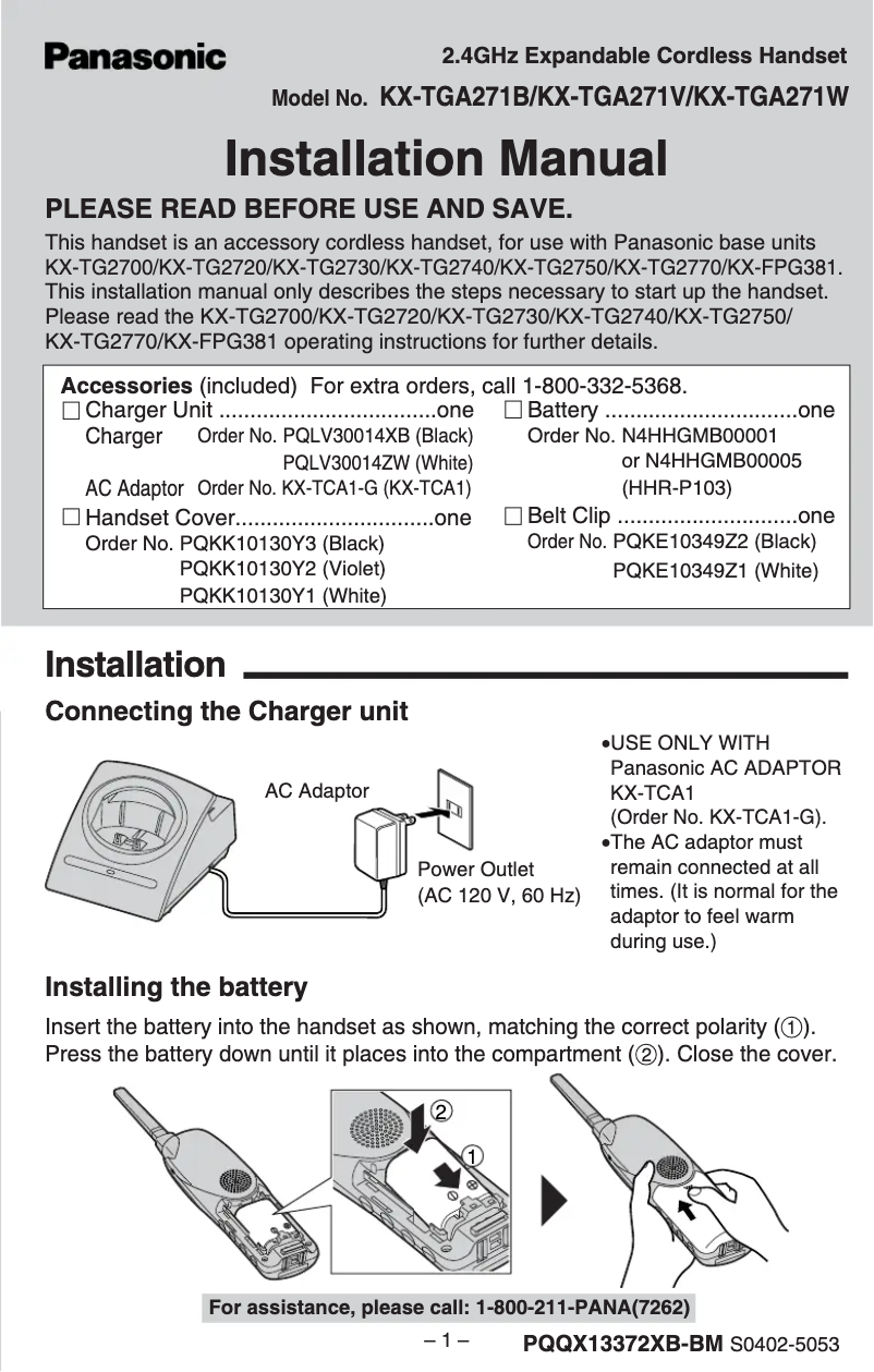 Page 1 of the manual User Manual Panasonic KX-TGA271