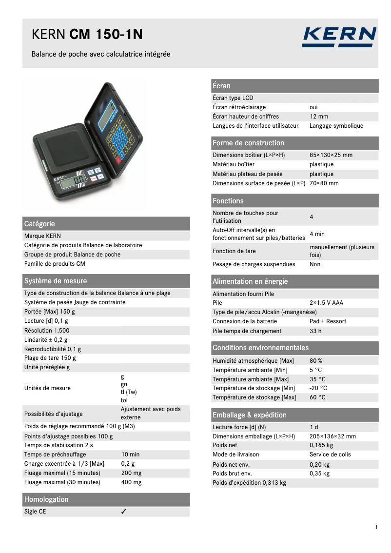 Page 1 of the manual Technical Sheet Kern CM 150-1N