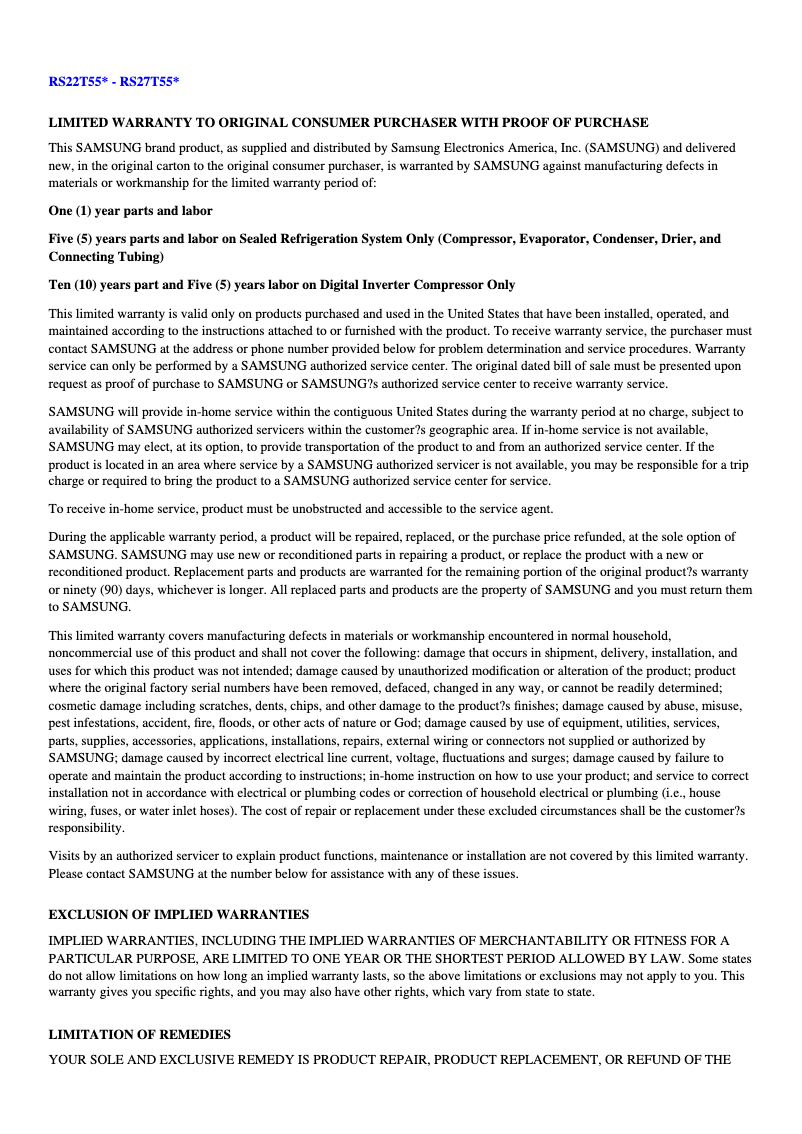 First page image of the manual for RS22T5561SR/AA