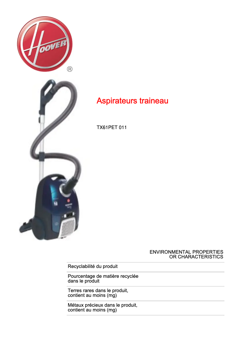 Page 1 of the manual Technical Sheet Hoover Telios Extra TX61PET 011