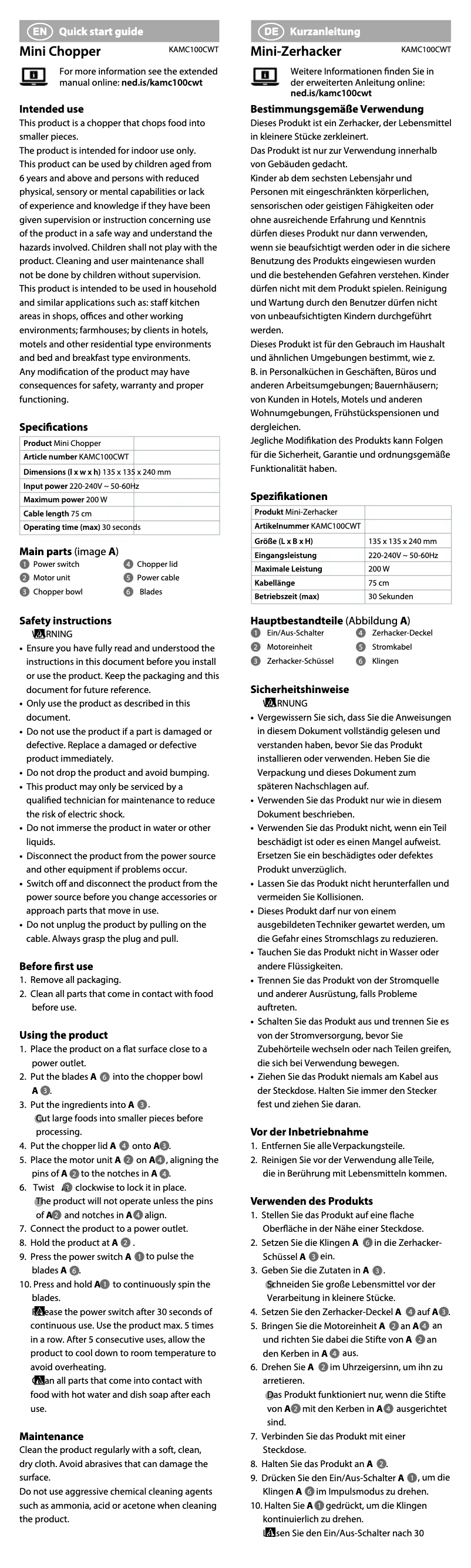 First page image of the manual for KAMC100CWT