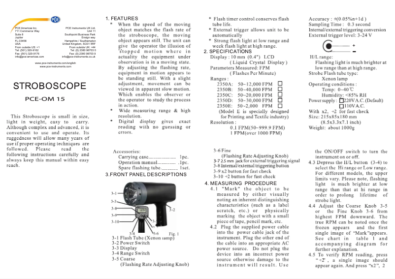 First page image of the manual for PCE-OM 15