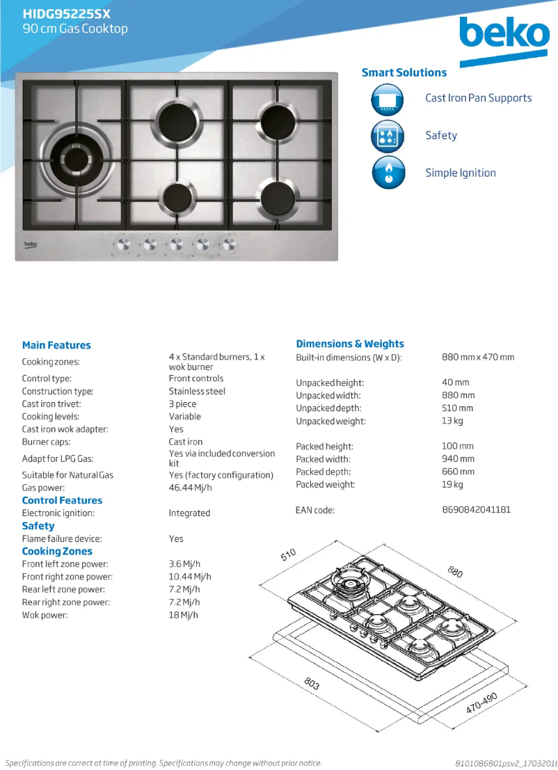 Page 1 of the manual Technical Sheet Beko HIDG95225SX