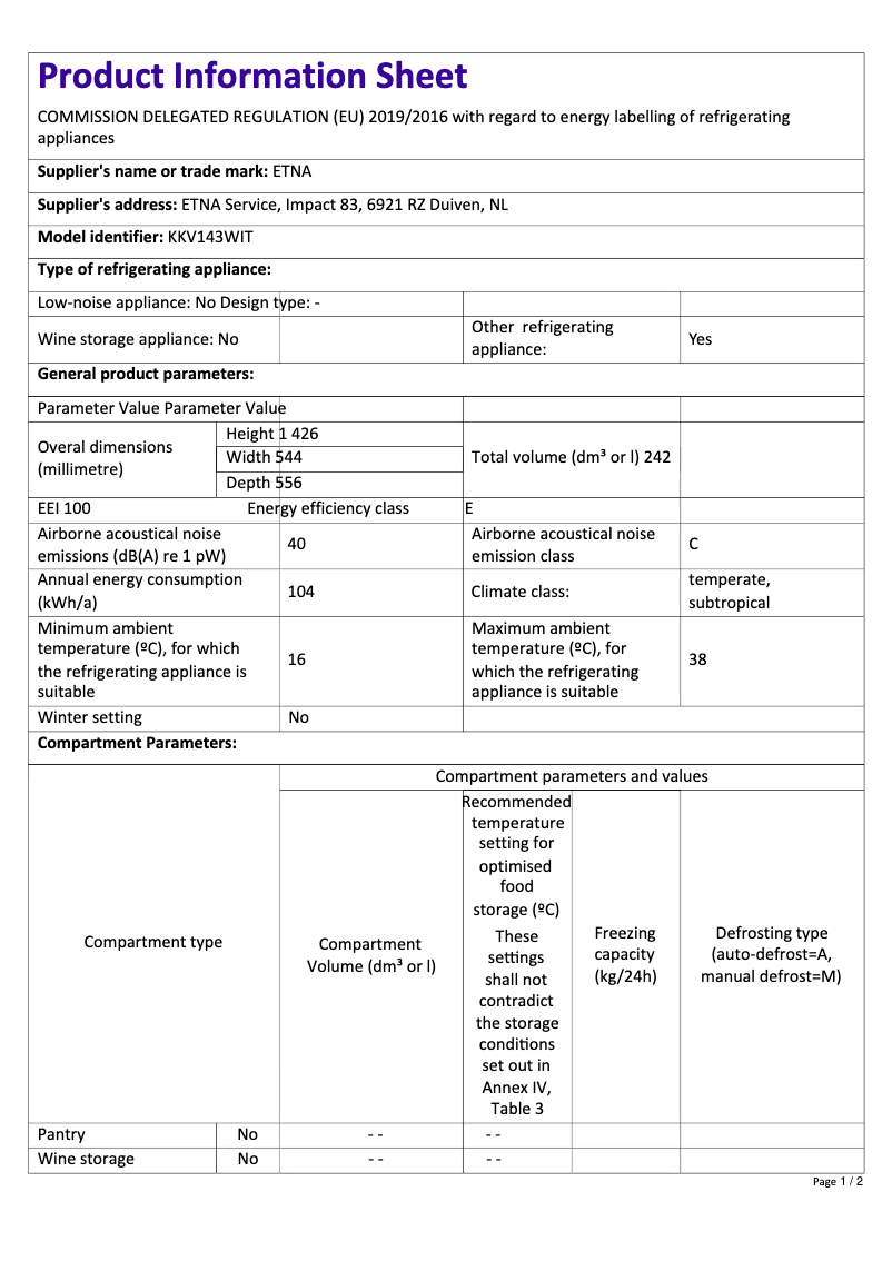 First page image of the manual for KKV143WIT
