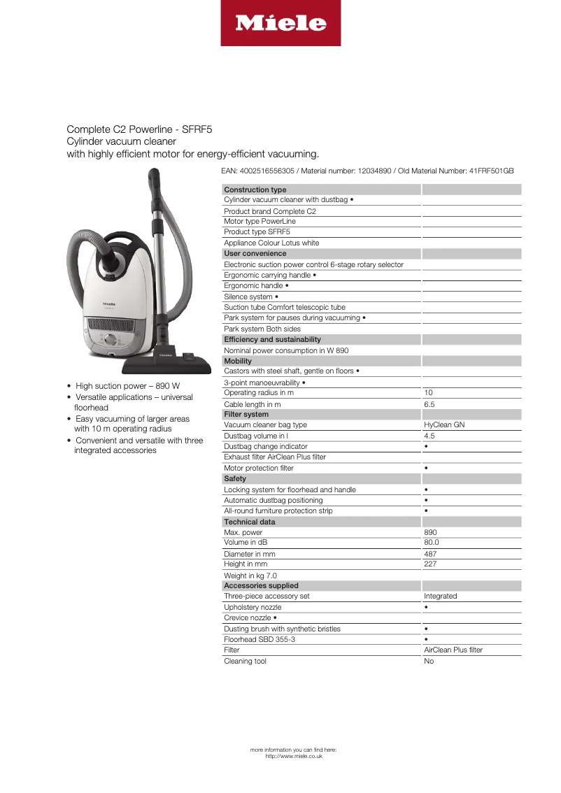 Page 1 of the manual Technical Sheet Miele Complete C2 PowerLine