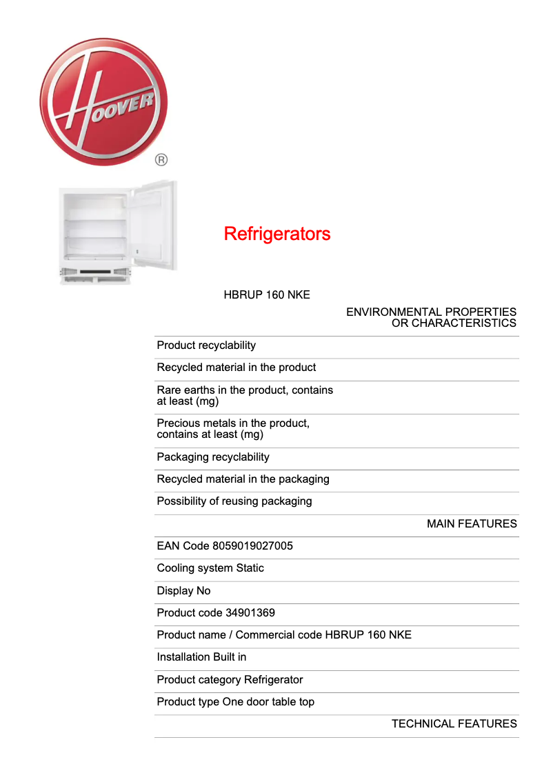 First page image of the manual for HBRUP 160 NKE