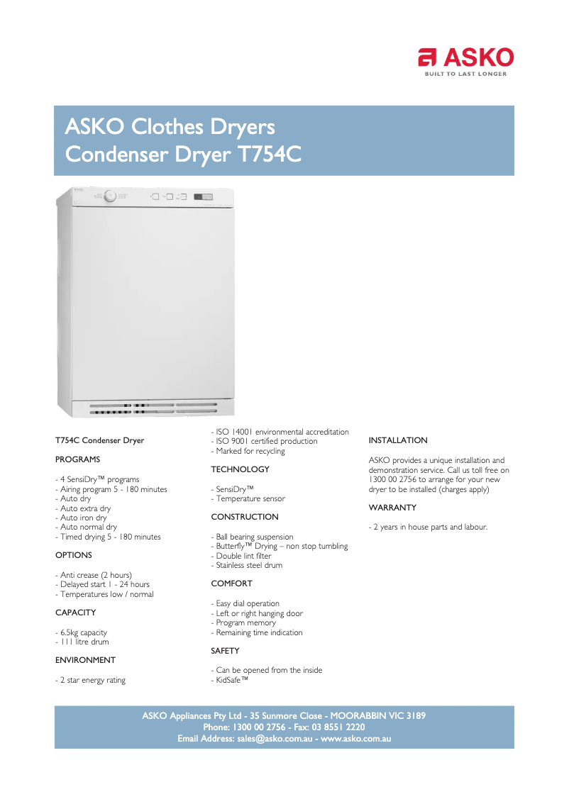 Page 1 of the manual Technical Sheet Asko T754C