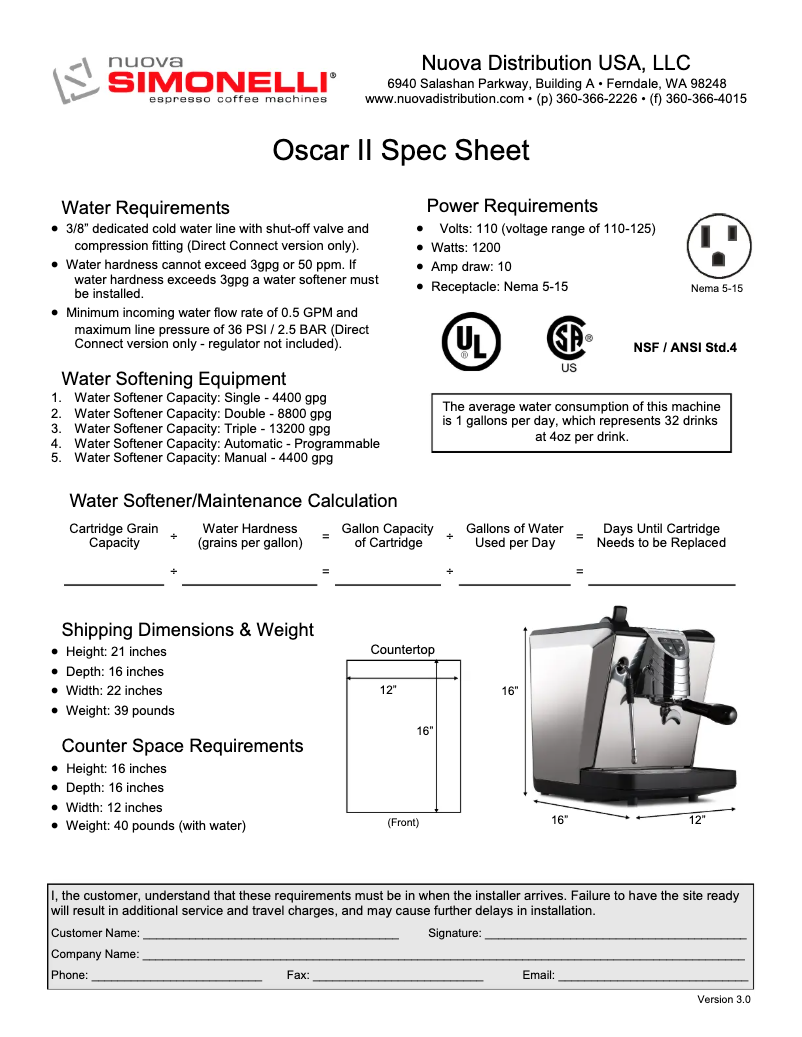 Page 1 of the manual Technical Sheet Nuova Simonelli Oscar II