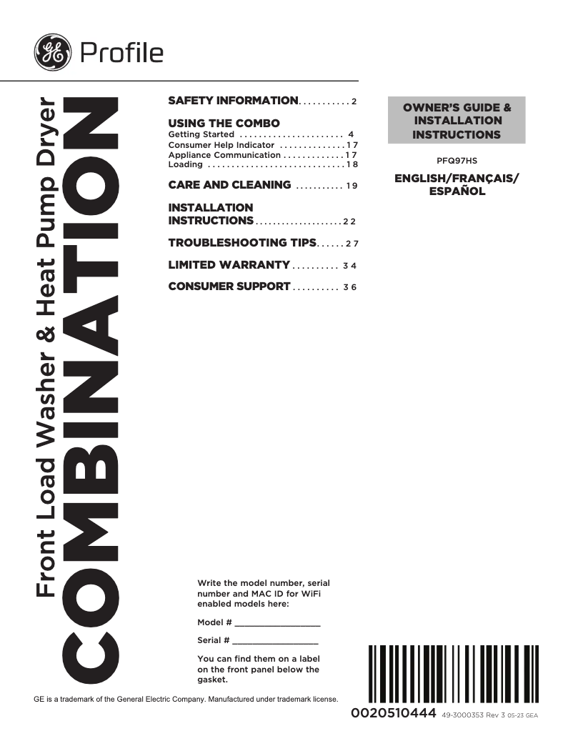 First page image of the manual for PFQ97HS