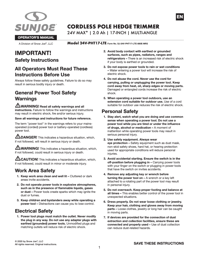 Page 1 of the manual User Manual Sun Joe 24V-PHT17-CT