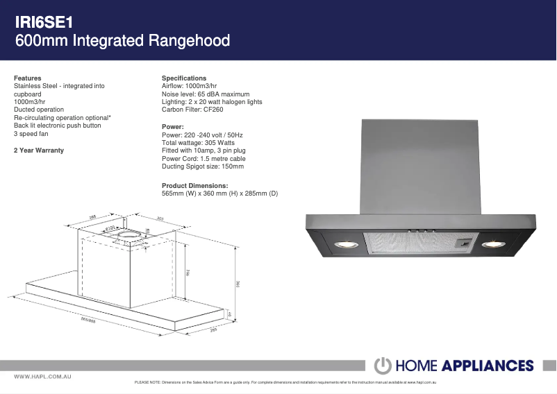 Page 1 de la notice Fiche technique ARC IRI6SE1