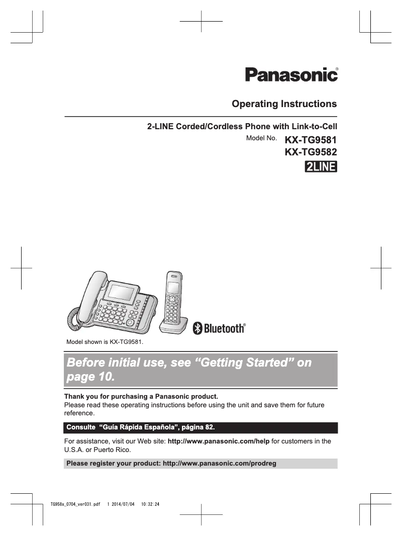 First page image of the manual for Link2Cell KX-TG9581B