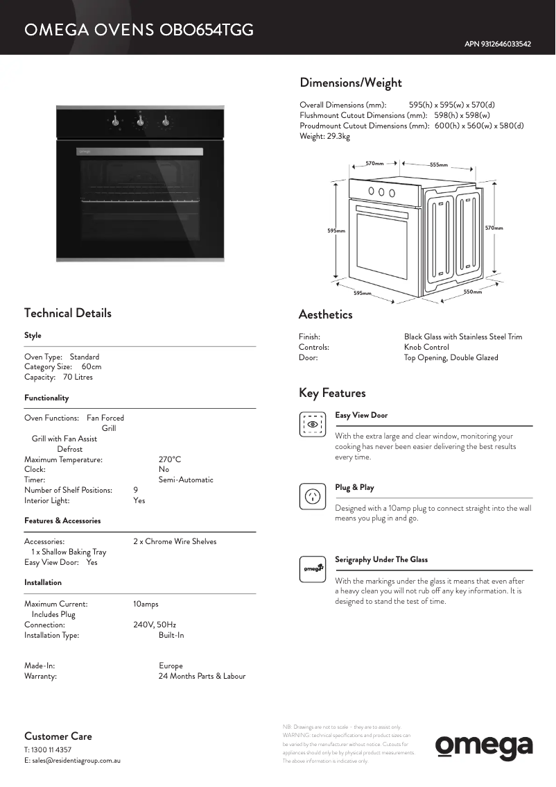 Page 1 of the manual Technical Sheet Omega OBO674X