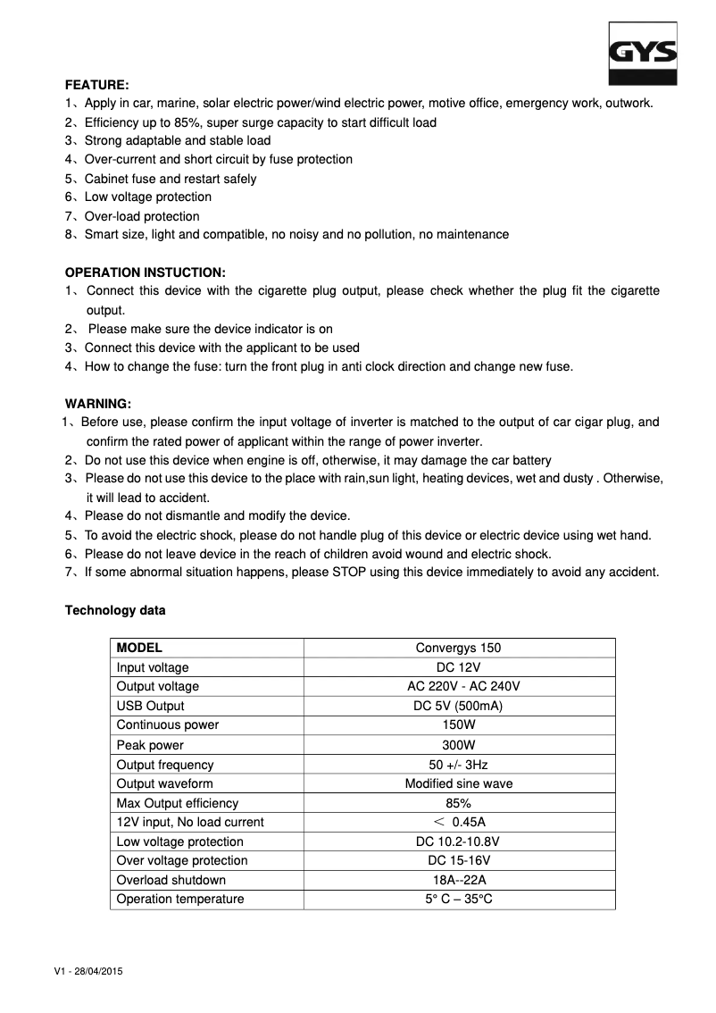 Image de la première page du manuel de l'appareil Convergys 150