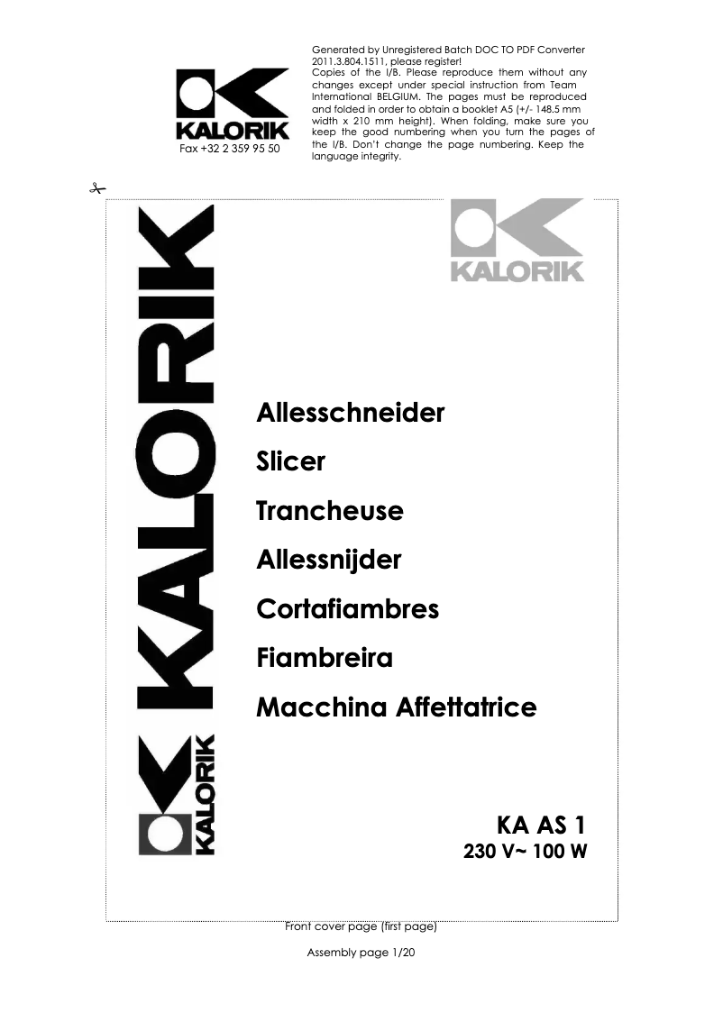First page image of the manual for KA AS 1