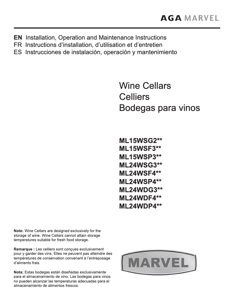 Page 1 of the manual Use and Maintenance Manual Marvel ML15WSF3RP