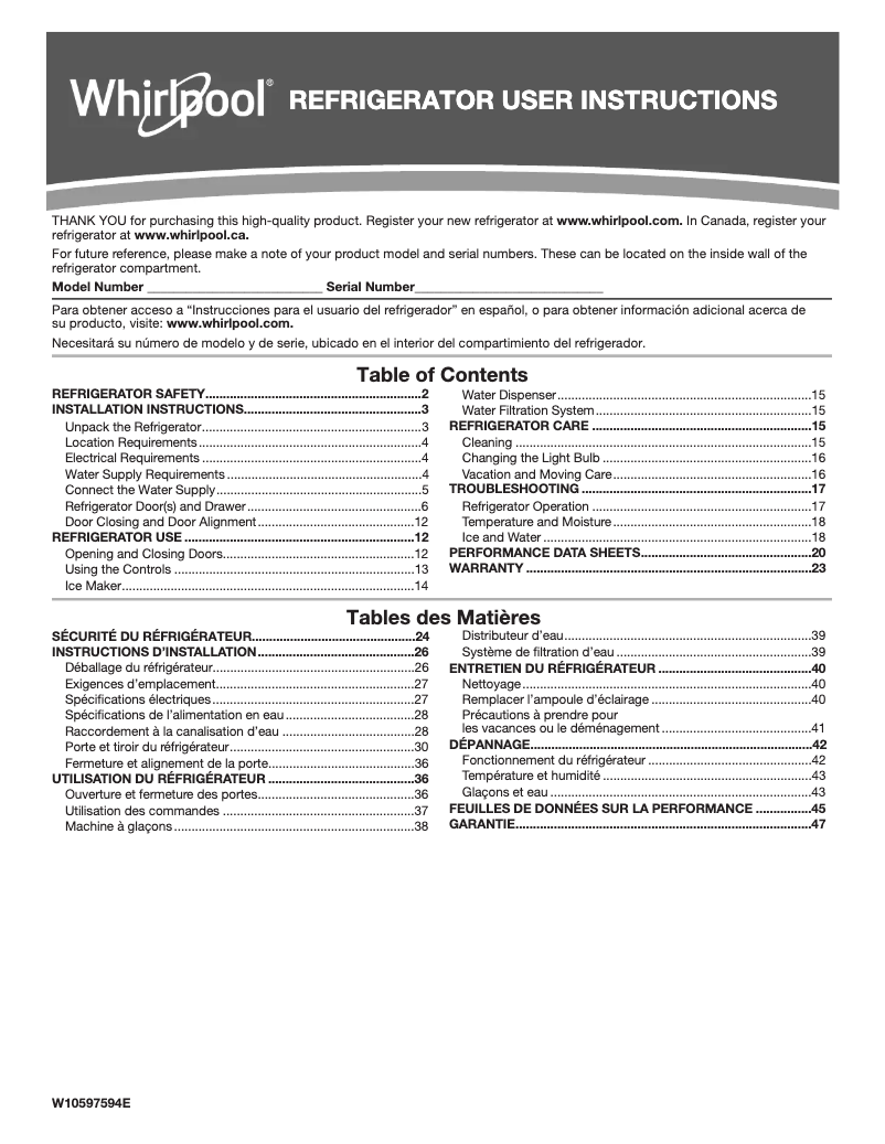 Page 1 of the manual User Manual Whirlpool WRF535SMHW