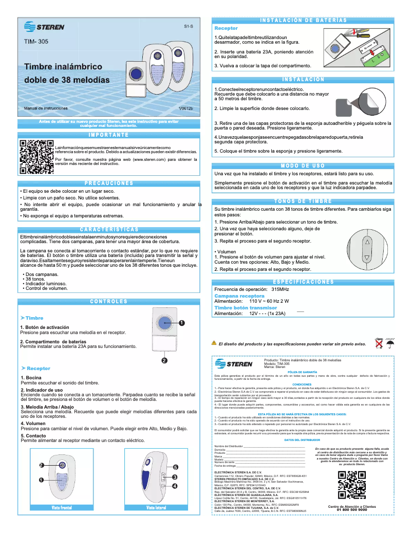 Page 1 of the manual User Manual Steren TIM-305