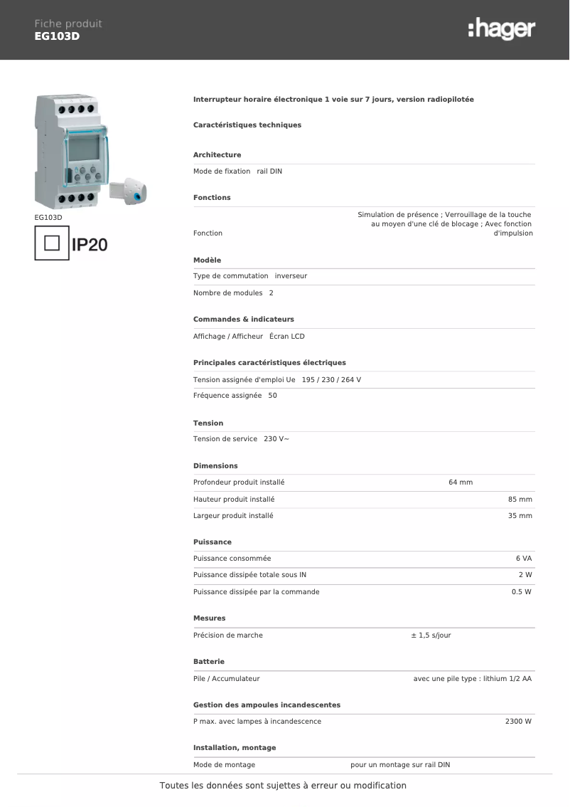 Page 1 de la notice Fiche technique Hager EG103D