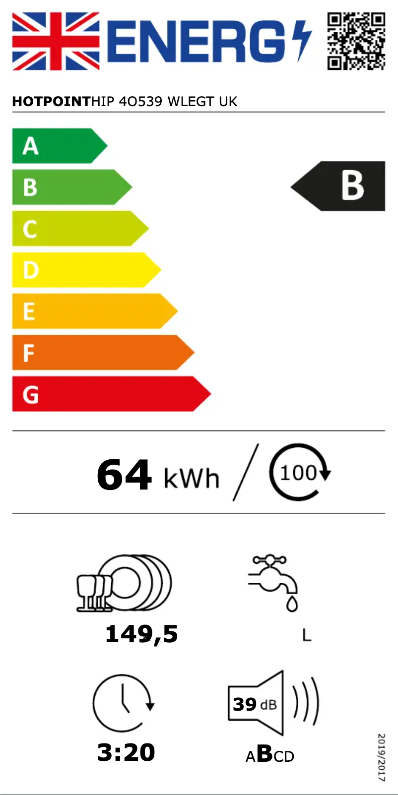 Page 1 of the manual Energy Label Hotpoint HIP 4O539 WLEGT UK