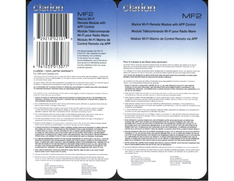 Page 1 de la notice Manuel utilisateur Clarion MF2