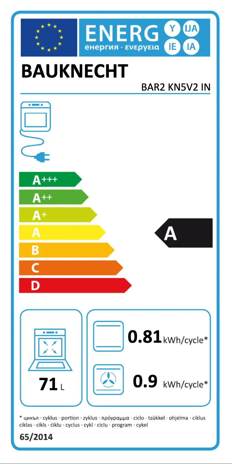 Page 1 of the manual Energy Label Bauknecht BAR2 KN5V2 IN