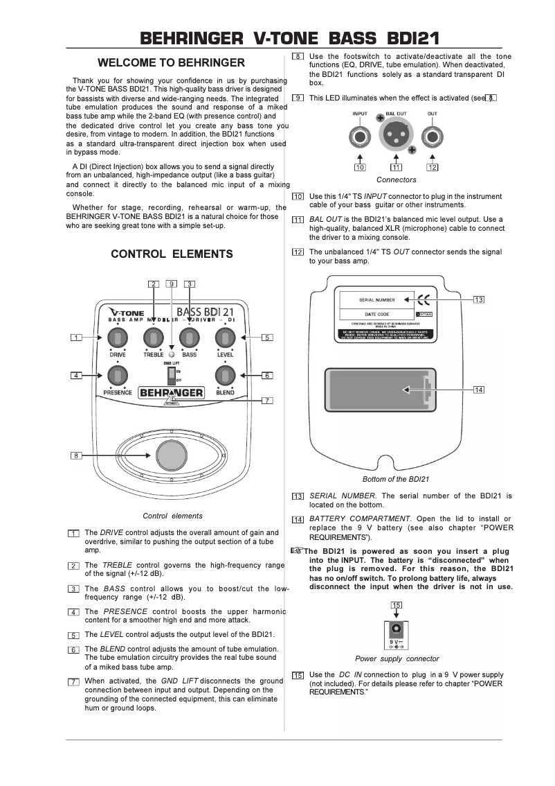 First page image of the manual for V-Tone Bass BDI21