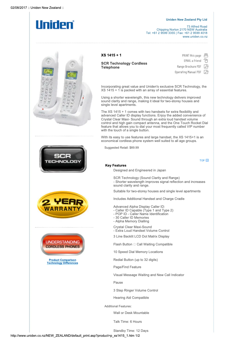 Page 1 of the manual Technical Sheet Uniden XS 1415