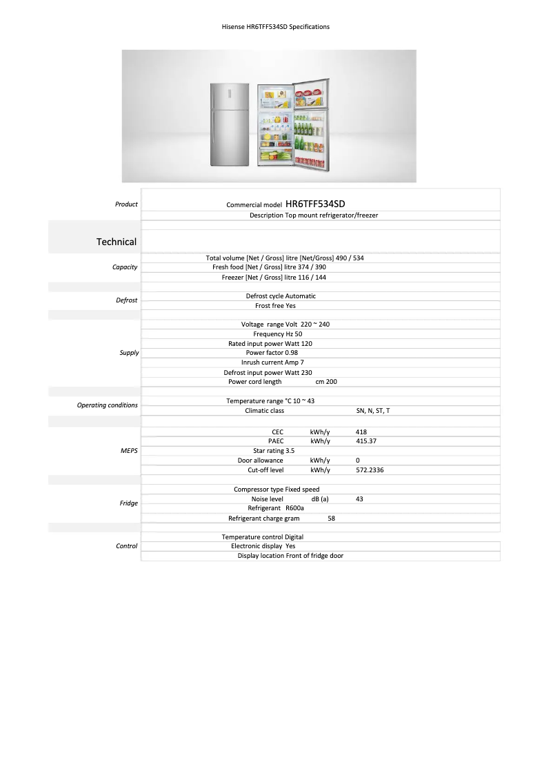 Page 1 of the manual Technical Sheet Hisense HR6TFF534SD