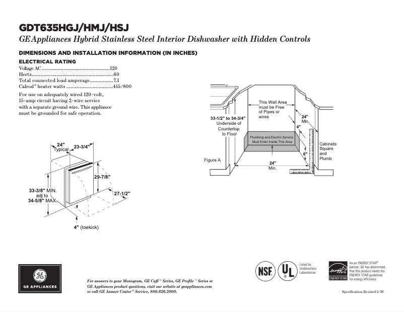 Page 1 of the manual Technical Sheet GE GDT635HSJSS