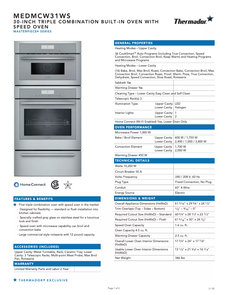Page 1 of the manual Technical Sheet Thermador MEDMCW31WS