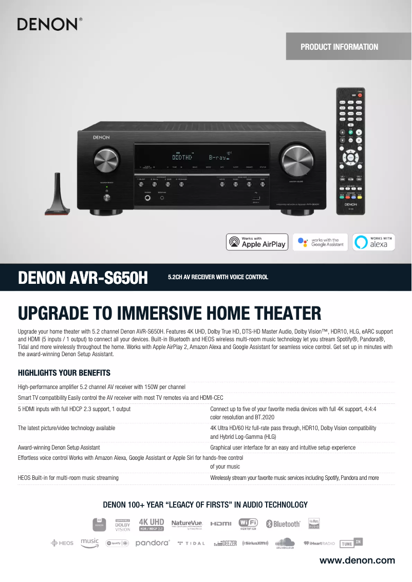 Page 1 of the manual Technical Sheet Denon AVR-S650H
