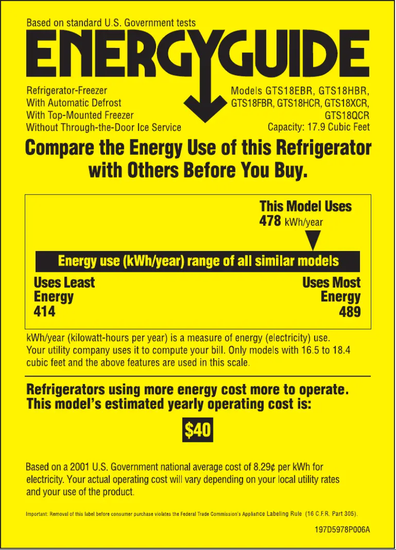 Page 1 of the manual Energy Label GE GTS18HCRWW