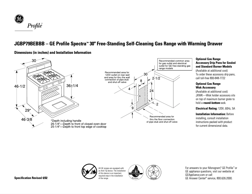 Page 1 of the manual Technical Sheet GE Profile Spectra JGBP79BEBBB