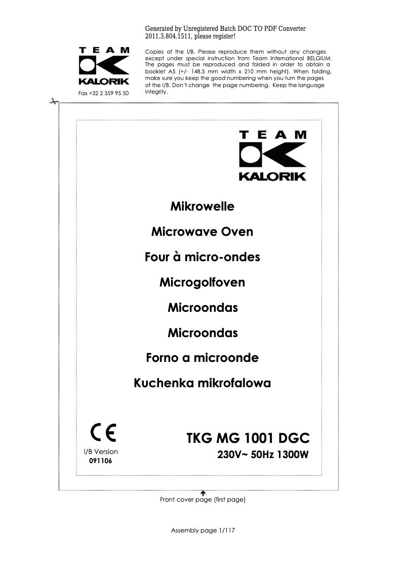First page image of the manual for TKG MG 1001 DGC