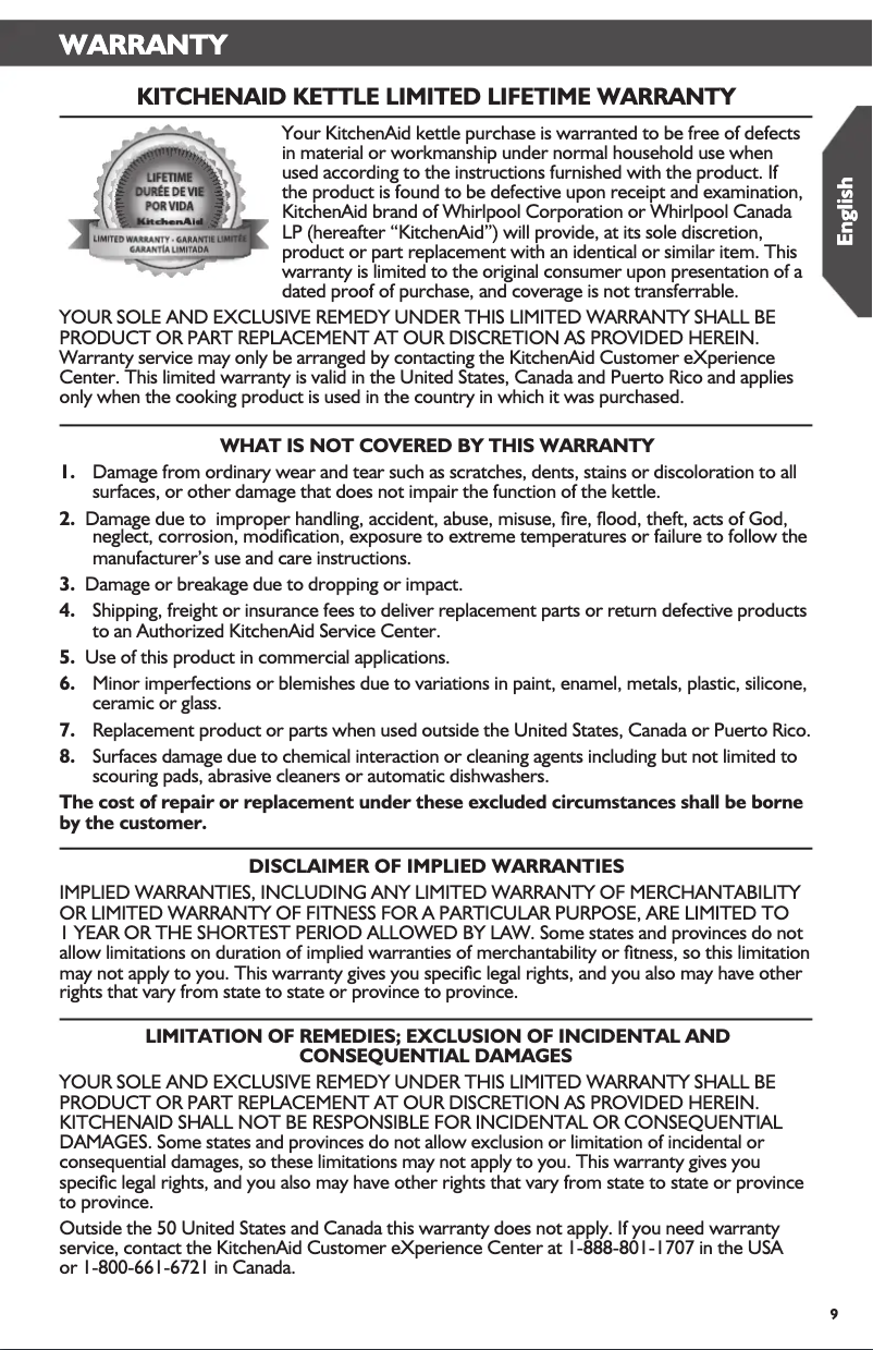 Page 1 of the manual Warranty Information KitchenAid KTEN20CBEU
