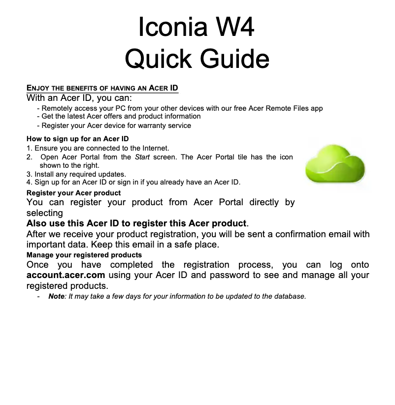 First page image of the manual for Iconia W4-820P