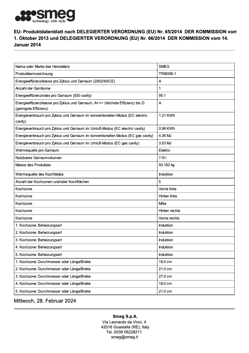 Page 1 of the manual Technical Sheet Smeg TR90IX9-1