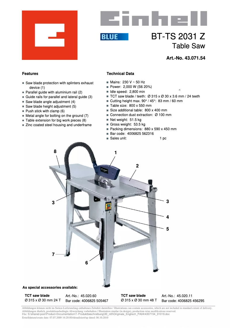 Page 1 of the manual User Manual Einhell BT-TS 2031 Z