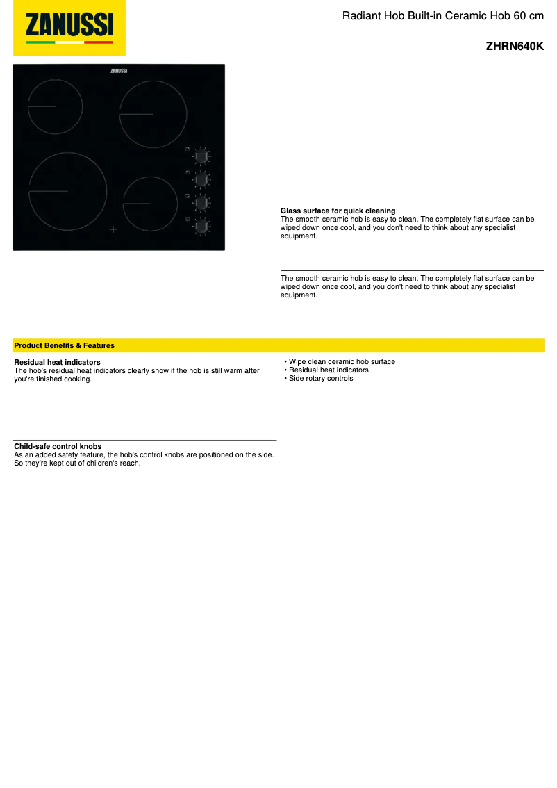 Page 1 of the manual Technical Sheet Zanussi ZHRN640K