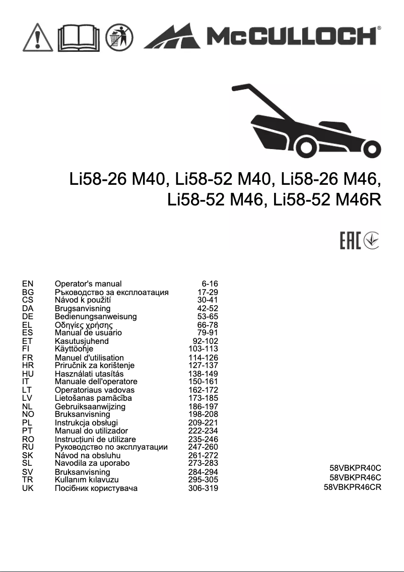 Page 1 of the manual User Manual McCulloch Li58-26 M46